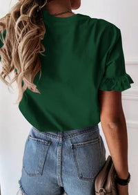PRETTYGARDEN Women's Short Sleeve Casual T Shirts Summer Ruffle Plain Round Neck Loose Fit Tee Blouse Tops