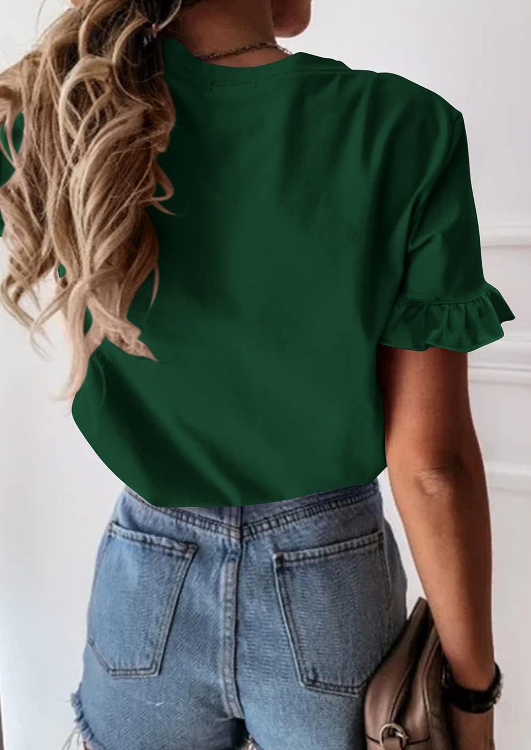 PRETTYGARDEN Women's Short Sleeve Casual T Shirts Summer Ruffle Plain Round Neck Loose Fit Tee Blouse Tops