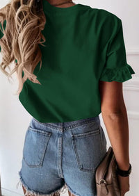 PRETTYGARDEN Women's Short Sleeve Casual T Shirts Summer Ruffle Plain Round Neck Loose Fit Tee Blouse Tops PRETTYGARDEN