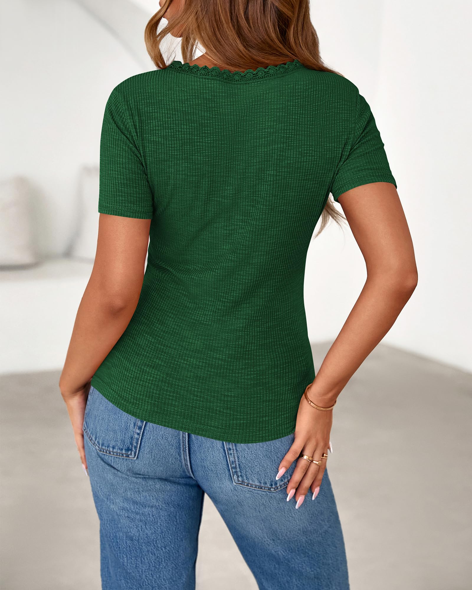 BTFBM Women Summer Henley Tunic Top V Neck Short Sleeve Button UP Solid Slim Fit Casual Ribbed Knit Shirt Blouses