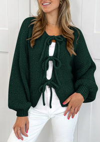 PRETTYGARDEN Women's Tie Front Bow Cardigan Sweaters Chunky Knit Long Puff Sleeve Trendy Fall Winter Jacket Coats