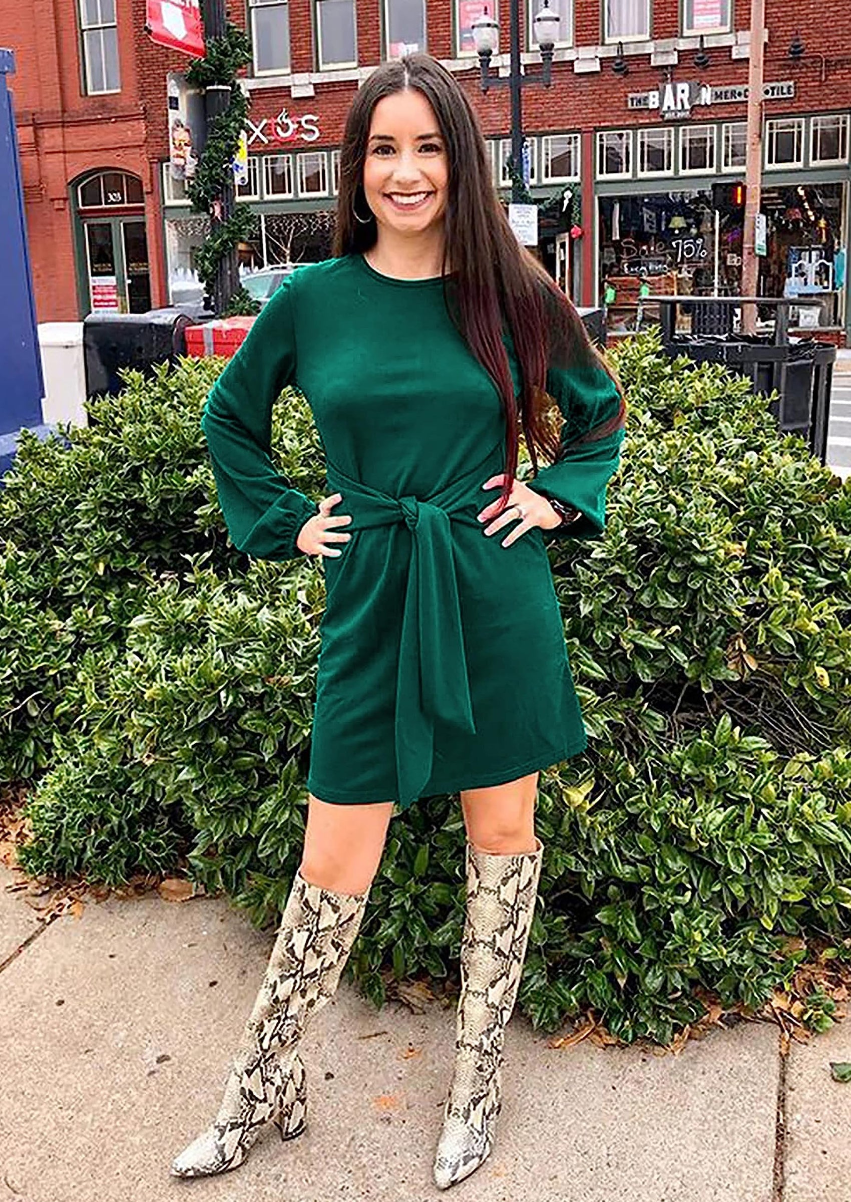 PRETTYGARDEN Womens Fall Elegant Long Lantern Sleeve Short Dress Wedding Guest Crewneck Tie Waist Knit Cocktail Dresses PRETTYGARDEN