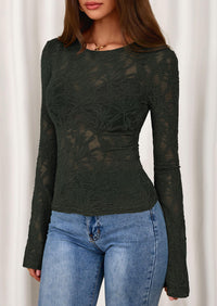 PRETTYGARDEN Womens Lace Long Bell Sleeve Tops Fall Sexy See Through Sheer Floral Blouse Shirt Fitted Going Out Outfits