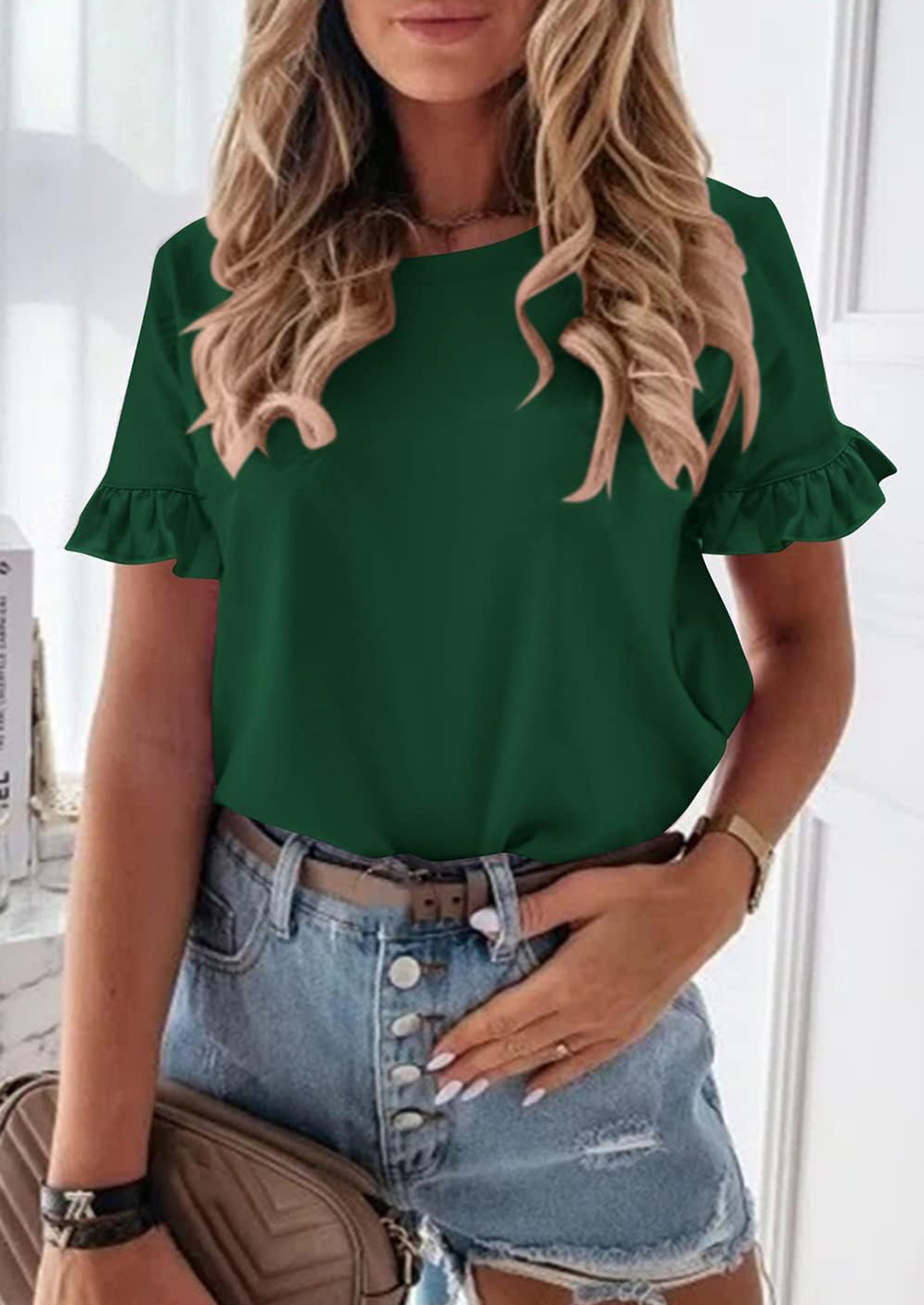 PRETTYGARDEN Women's Short Sleeve Casual T Shirts Summer Ruffle Plain Round Neck Loose Fit Tee Blouse Tops