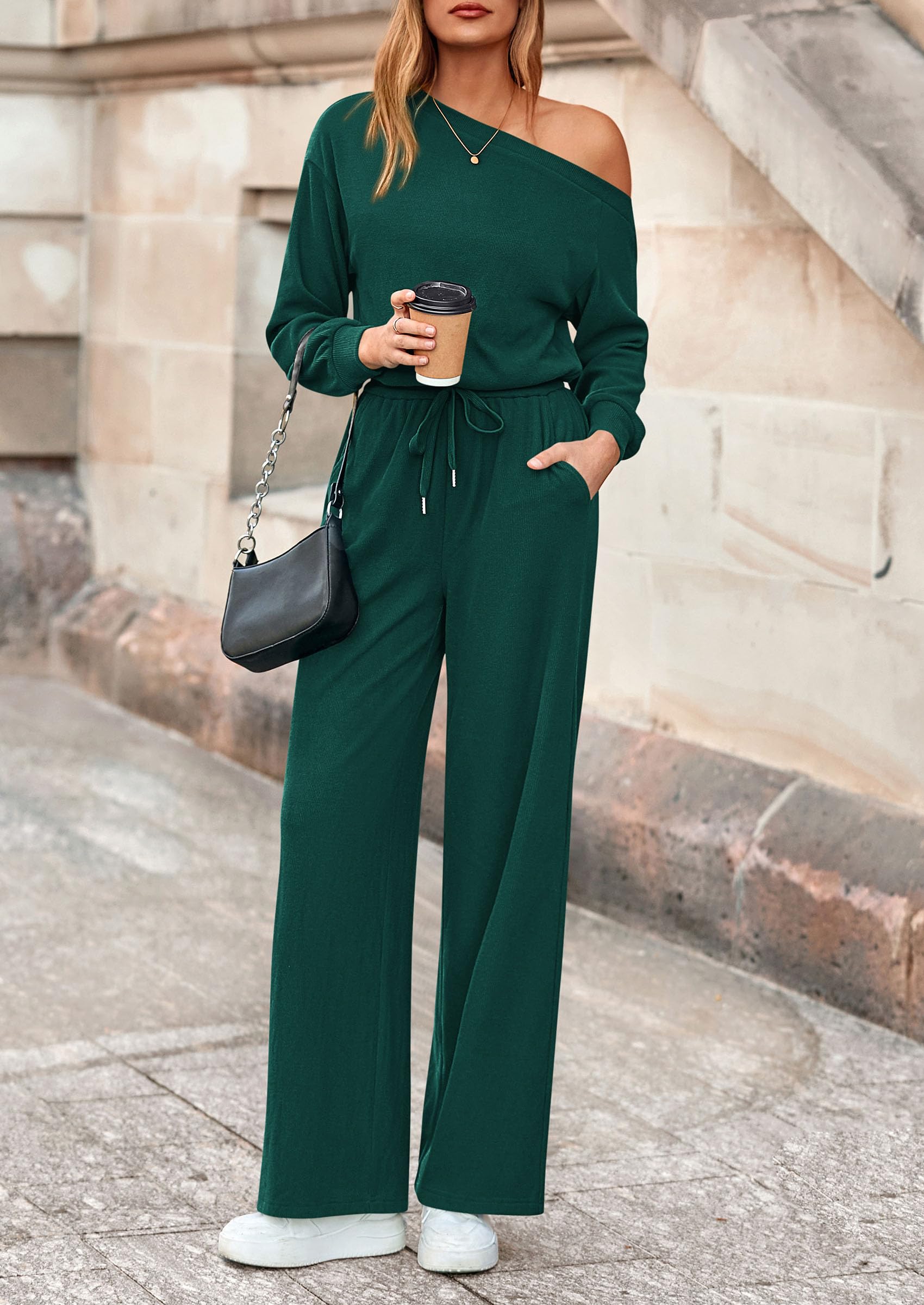 PRETTYGARDEN Long Sleeve Jumpsuit For Women Dressy Off Shoulder One Piece Loose Wide Leg Jumpsuits Casual Flowy Romper