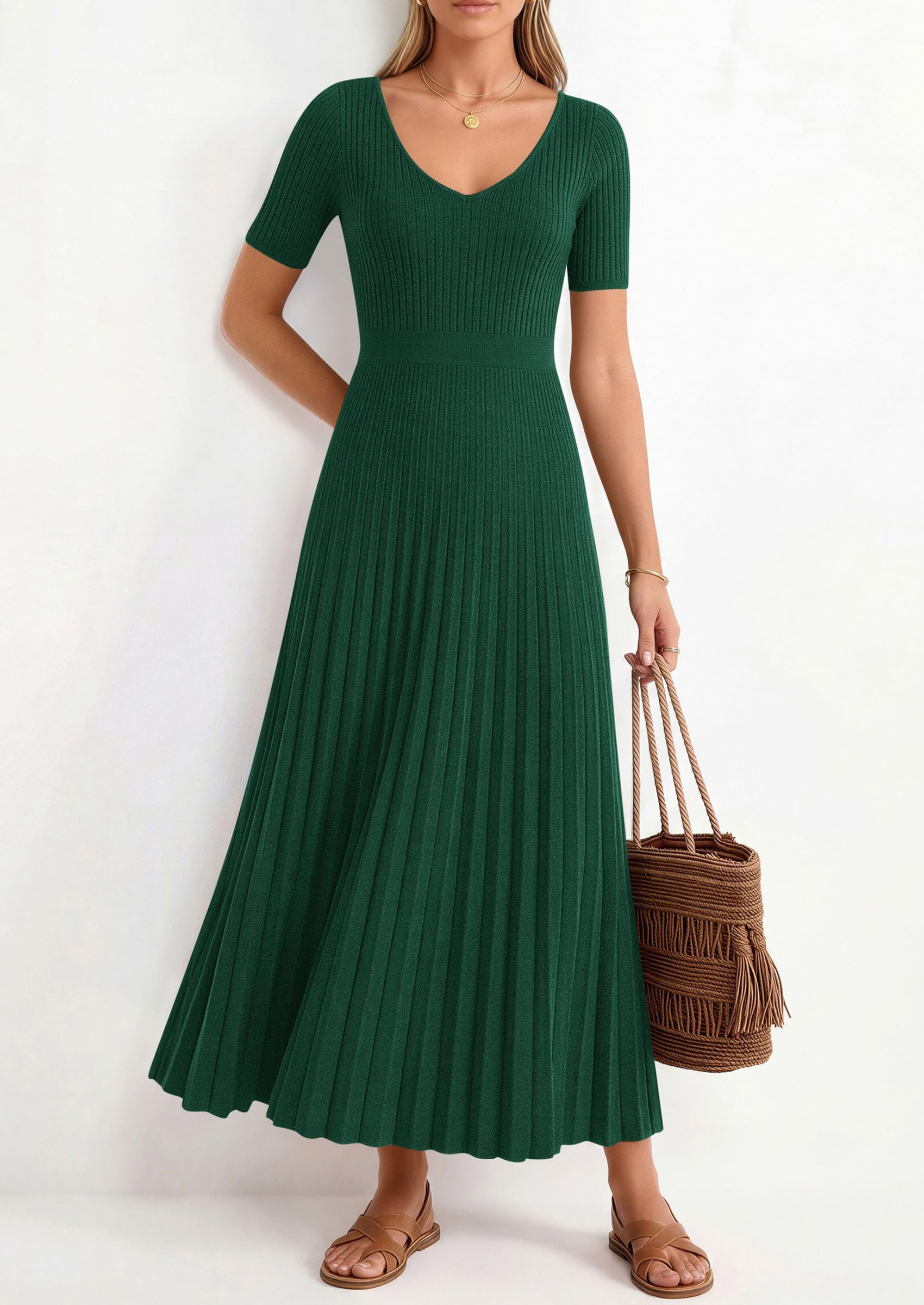 PRETTYGARDEN Women's Spring Midi Sweater Dresses Elegant Pleated Ribbed Knit Short Sleeve V Neck A Line Summer Outfits PRETTYGARDEN