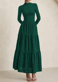 PRETTYGARDEN Long Sleeve Dress for Women Fall Eyelet Mock Neck A Line Elegant Classy Maxi Wedding Guest Dresses Pockets