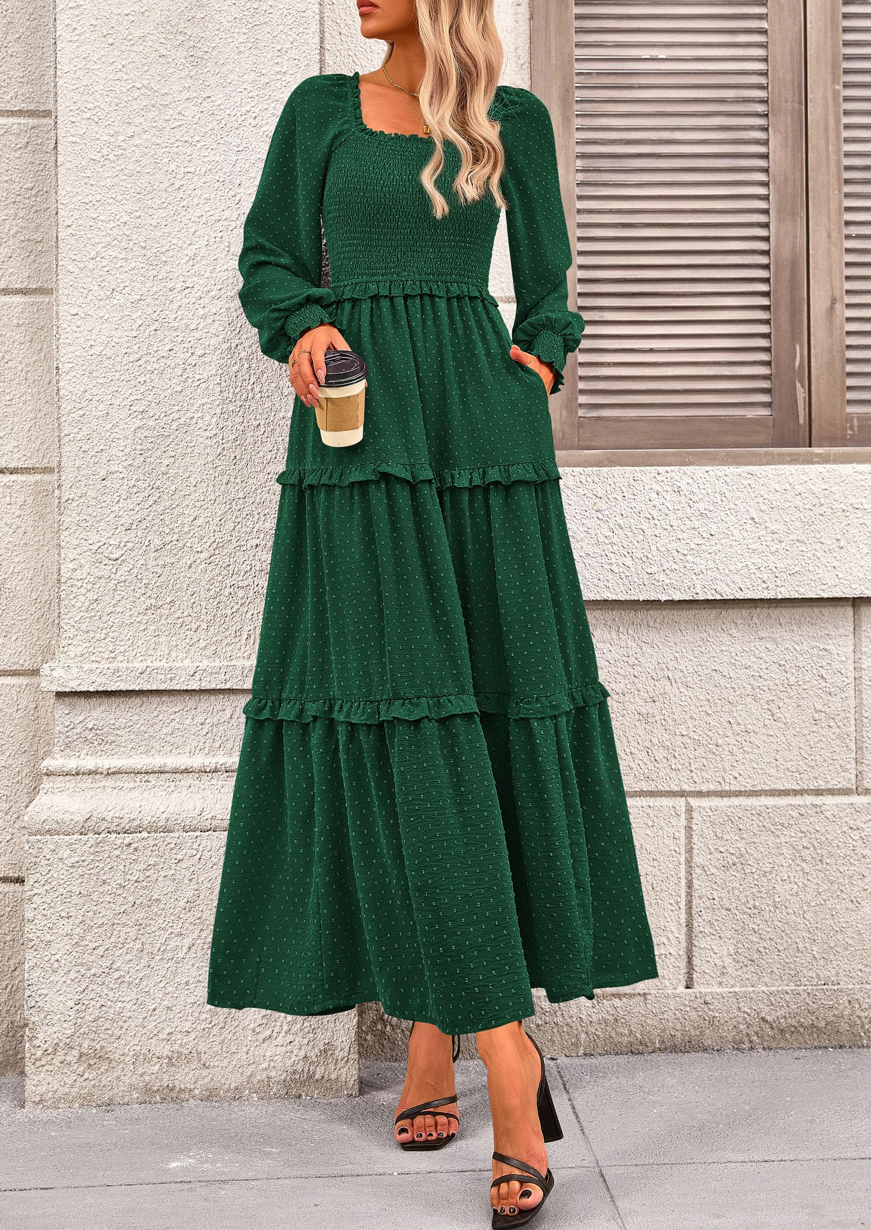 PRETTYGARDEN Women Fall Long Sleeve Smocked Maxi Dress Casual Square Neck Swiss Dot Tiered Ruffle Flowy Spring Pocket Dresses