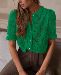 PRETTYGARDEN Womens Spring Lace Tops Short Puff Sleeve Casual Dressy Blouses Eyelet Crew Neck Button Down Shirts