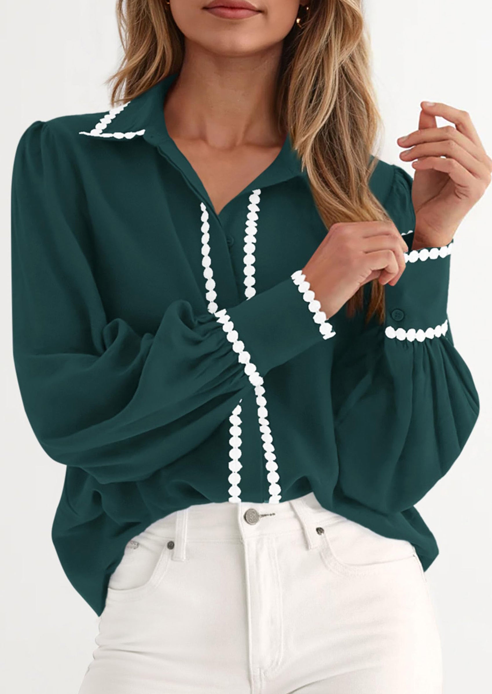 PRETTYGARDEN Womens Long Sleeve Button Down Shirts Trendy V Neck Loose Fit Fall Tops Collared Dressy Casual Blouses