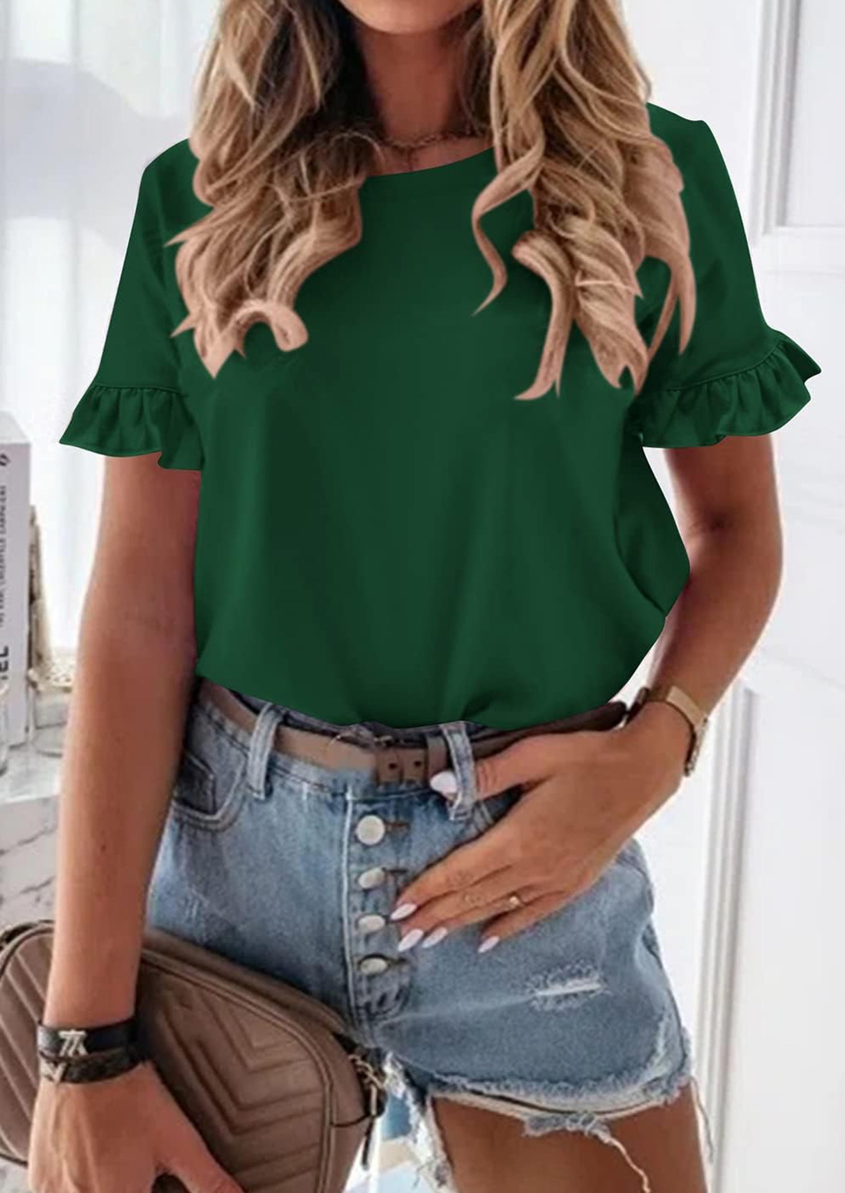 PRETTYGARDEN Women's Short Sleeve Casual T Shirts Summer Ruffle Plain Round Neck Loose Fit Tee Blouse Tops PRETTYGARDEN