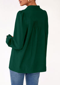 PRETTYGARDEN Womens Fall Lantern Long Sleeve Shirts Trendy Button V Neck Pleated Henley Tops Loose Work Blouses