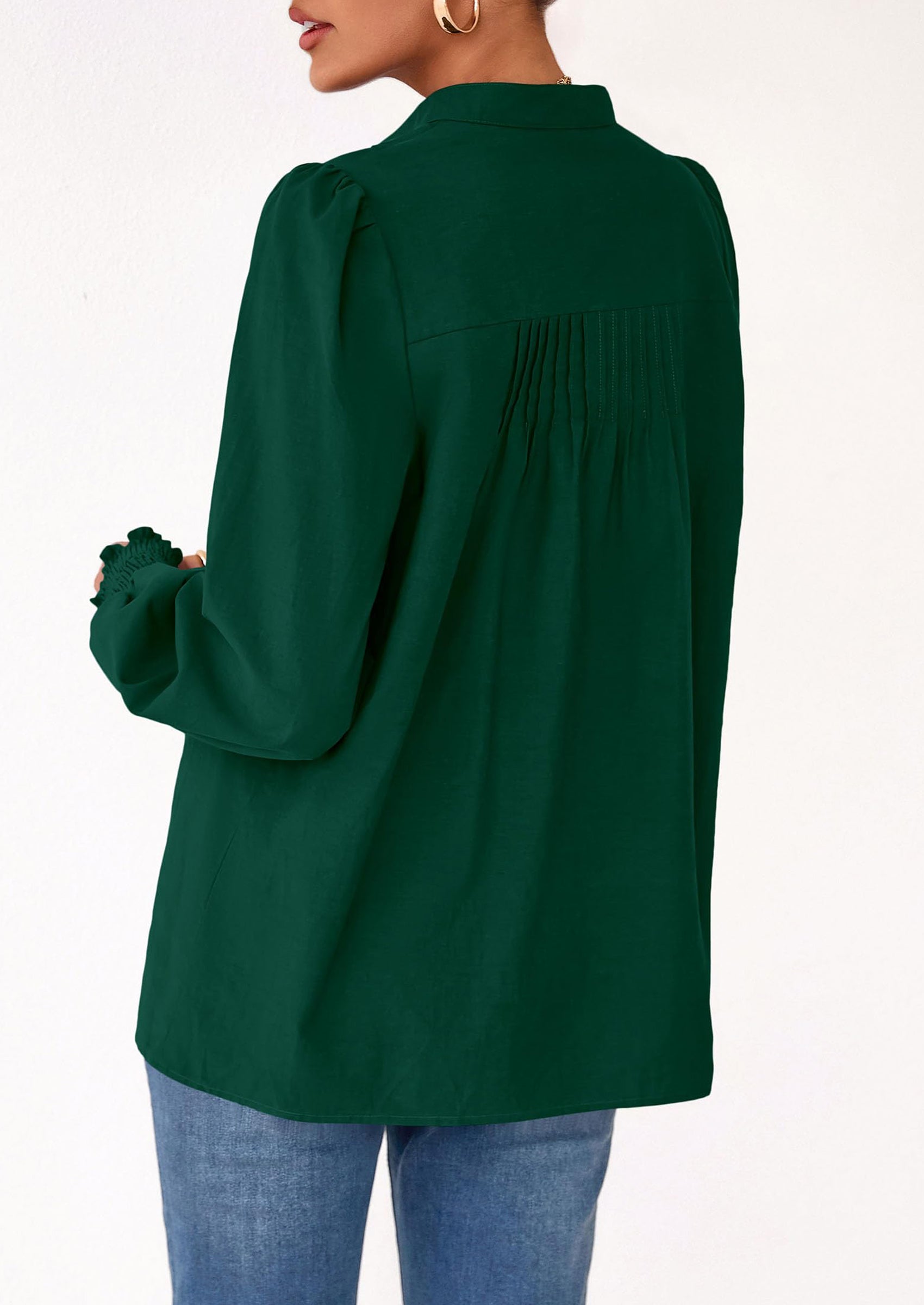 PRETTYGARDEN Womens Fall Lantern Long Sleeve Shirts Trendy Button V Neck Pleated Henley Tops Loose Work Blouses