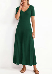 PRETTYGARDEN Women's Spring Midi Sweater Dresses Elegant Pleated Ribbed Knit Short Sleeve V Neck A Line Summer Outfits PRETTYGARDEN