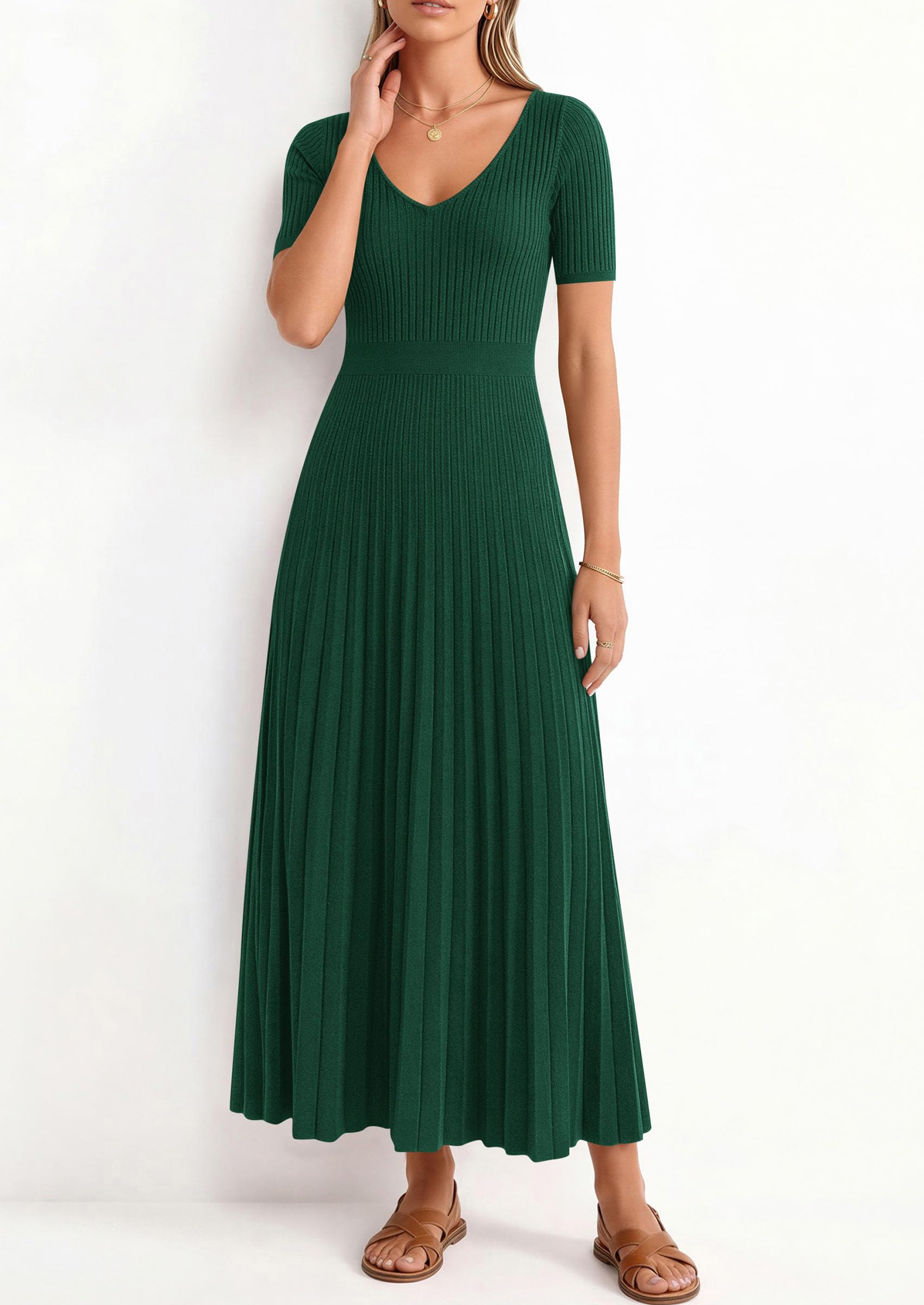 PRETTYGARDEN Women's Spring Midi Sweater Dresses Elegant Pleated Ribbed Knit Short Sleeve V Neck A Line Summer Outfits PRETTYGARDEN