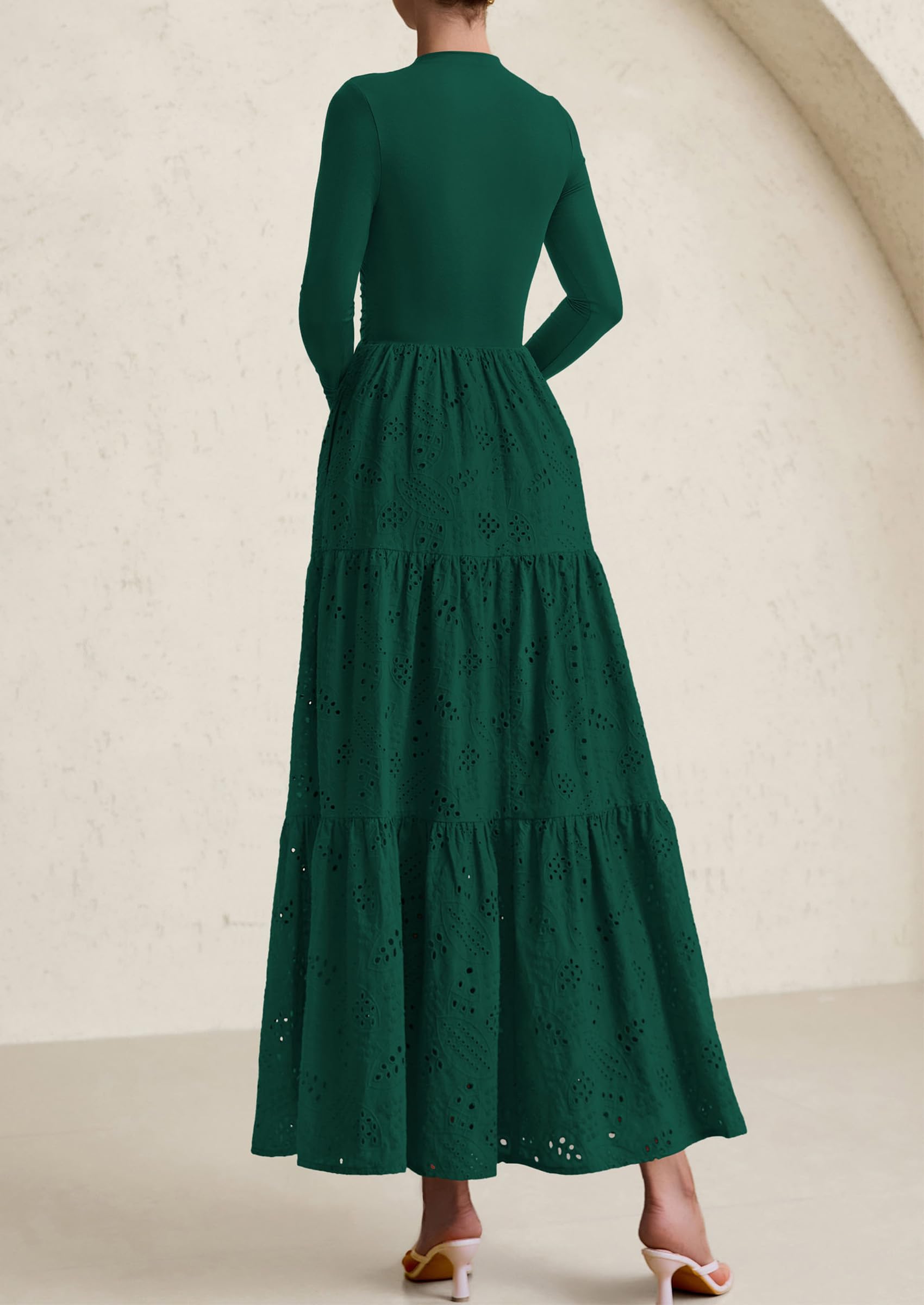 PRETTYGARDEN Long Sleeve Dress for Women Fall Eyelet Mock Neck A Line Elegant Classy Maxi Wedding Guest Dresses Pockets