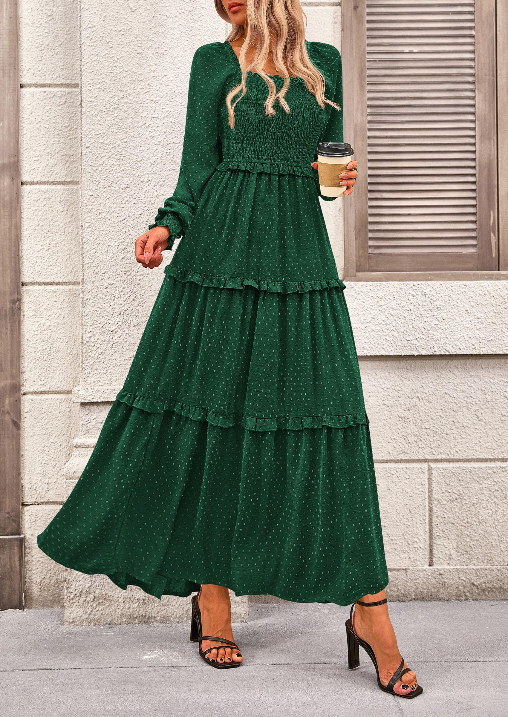 PRETTYGARDEN Women Fall Long Sleeve Smocked Maxi Dress Casual Square Neck Swiss Dot Tiered Ruffle Flowy Spring Pocket Dresses