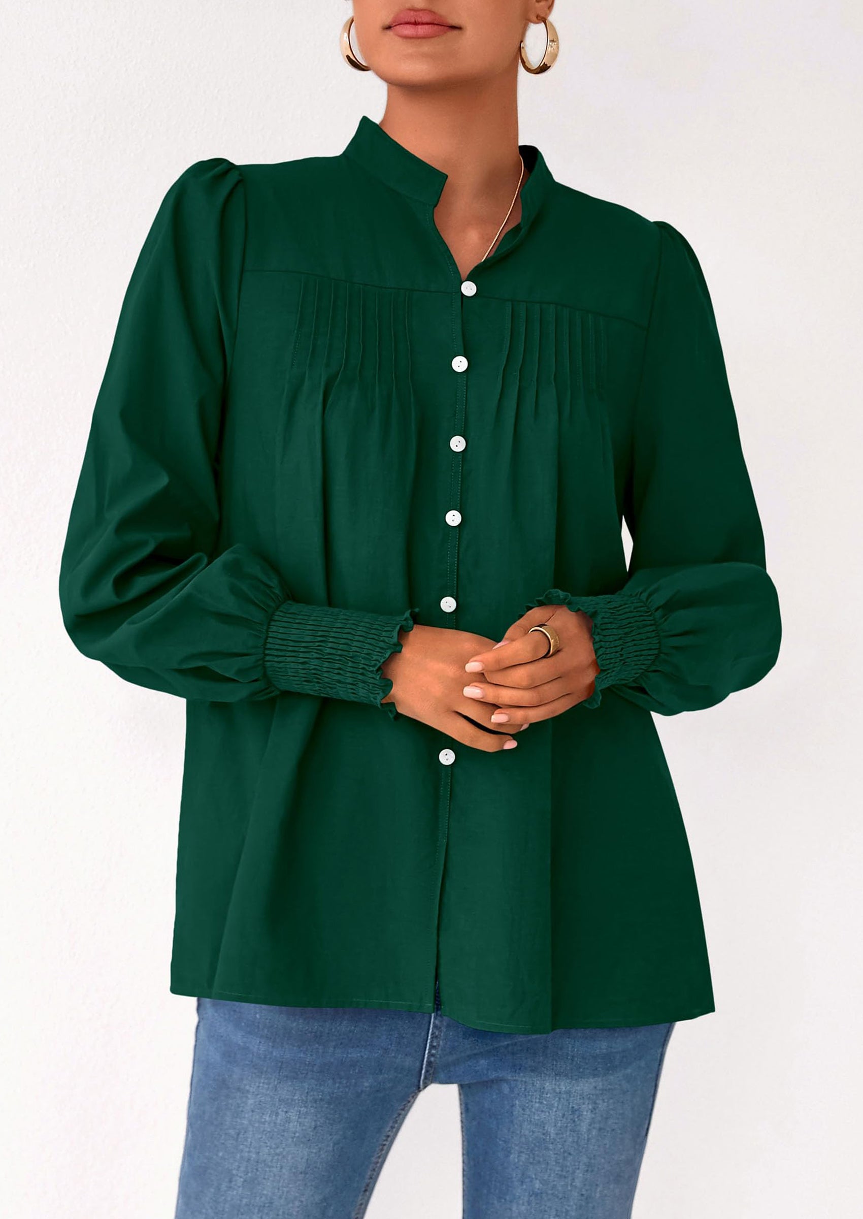 PRETTYGARDEN Womens Fall Lantern Long Sleeve Shirts Trendy Button V Neck Pleated Henley Tops Loose Work Blouses