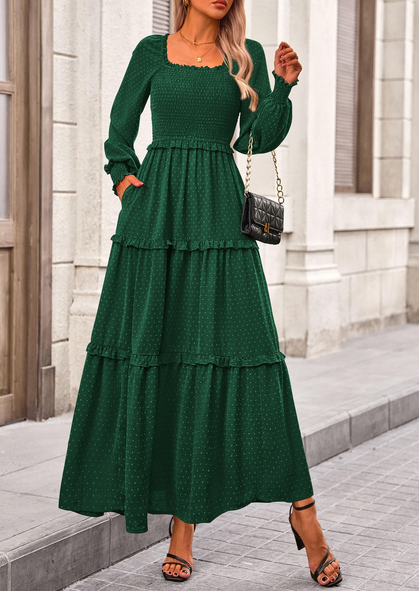 PRETTYGARDEN Women Fall Long Sleeve Smocked Maxi Dress Casual Square Neck Swiss Dot Tiered Ruffle Flowy Spring Pocket Dresses