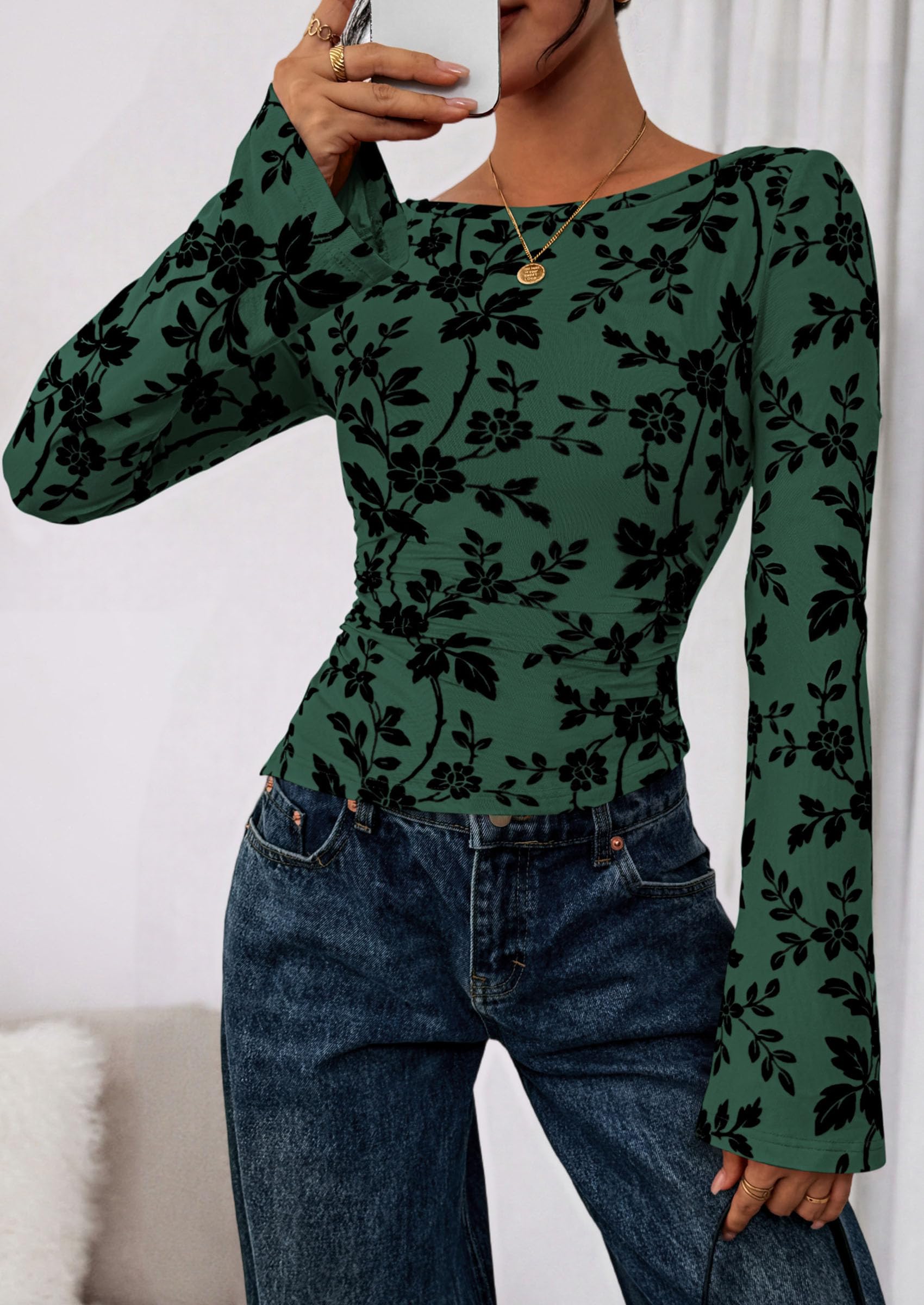 PRETTYGARDEN Women Long Sleeve Floral Mesh Tops Blouse  Fall Trendy Boat Neck Ruched Fitted Shirt Going Out Date Outfits