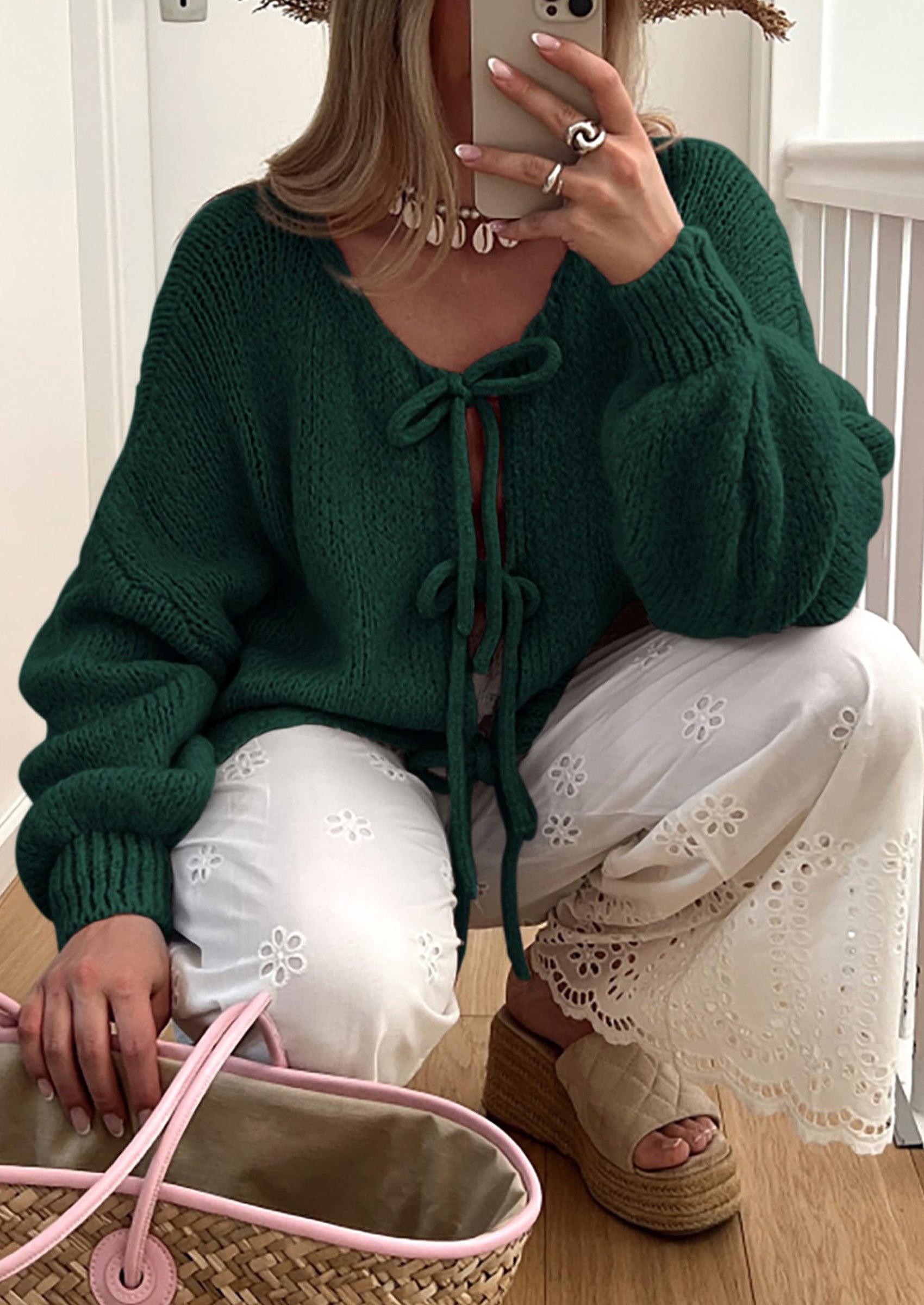 PRETTYGARDEN Women's Tie Front Bow Cardigan Sweaters Chunky Knit Long Puff Sleeve Trendy Fall Winter Jacket Coats