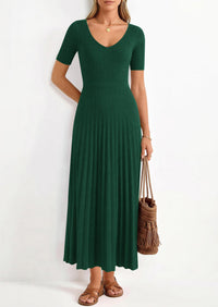 PRETTYGARDEN Women's Spring Midi Sweater Dresses Elegant Pleated Ribbed Knit Short Sleeve V Neck A Line Summer Outfits PRETTYGARDEN