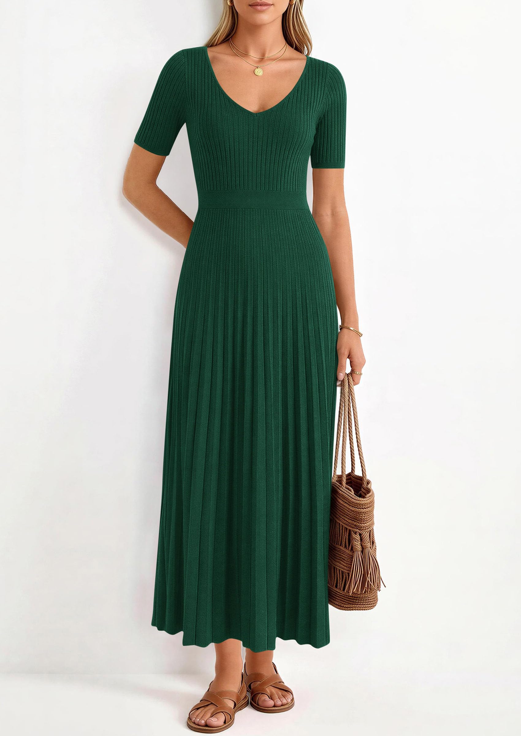 PRETTYGARDEN Women's Spring Midi Sweater Dresses Elegant Pleated Ribbed Knit Short Sleeve V Neck A Line Summer Outfits PRETTYGARDEN