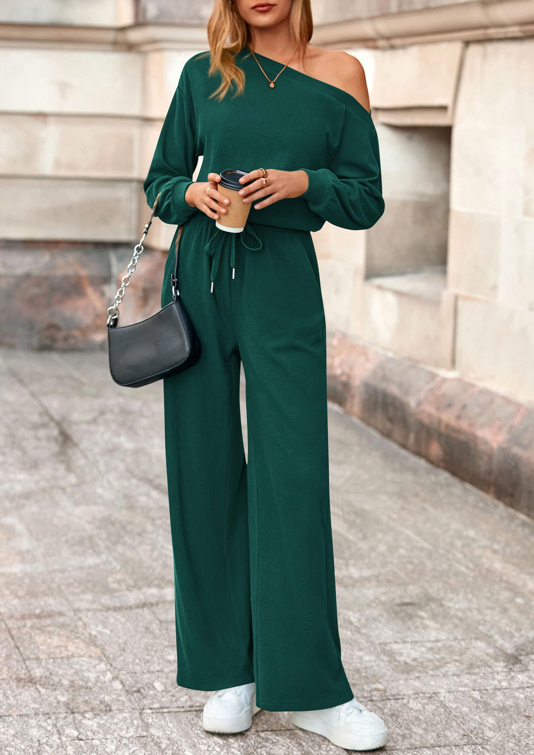 PRETTYGARDEN Long Sleeve Jumpsuit For Women Dressy Off Shoulder One Piece Loose Wide Leg Jumpsuits Casual Flowy Romper