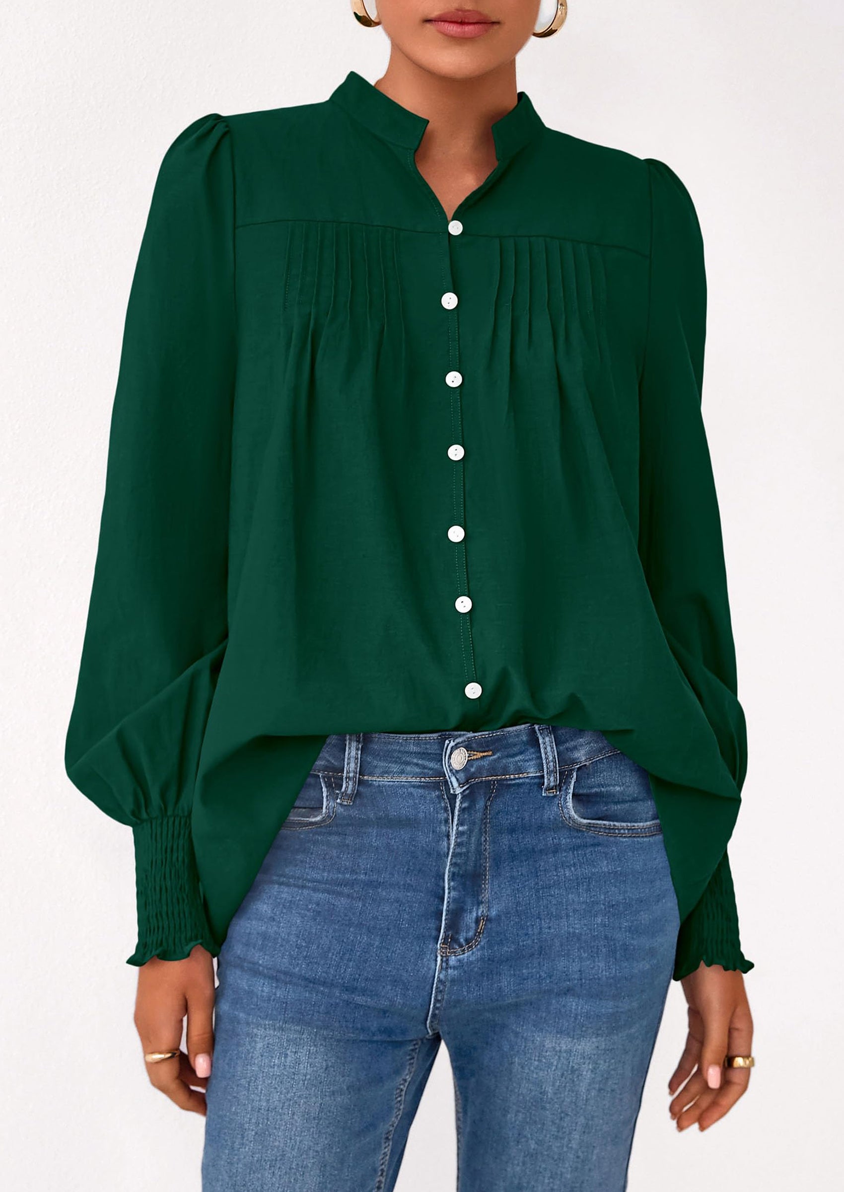 PRETTYGARDEN Womens Fall Lantern Long Sleeve Shirts Trendy Button V Neck Pleated Henley Tops Loose Work Blouses