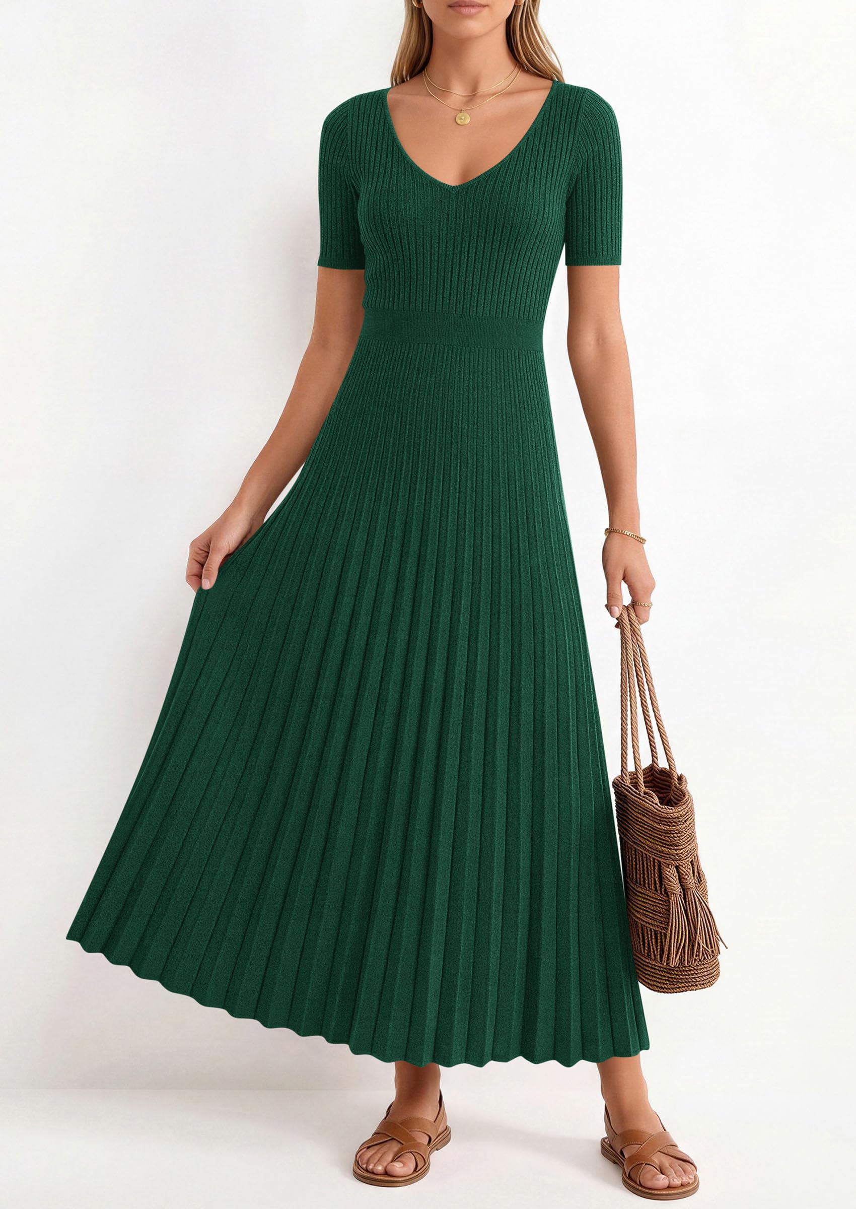 PRETTYGARDEN Women's Spring Midi Sweater Dresses Elegant Pleated Ribbed Knit Short Sleeve V Neck A Line Summer Outfits PRETTYGARDEN