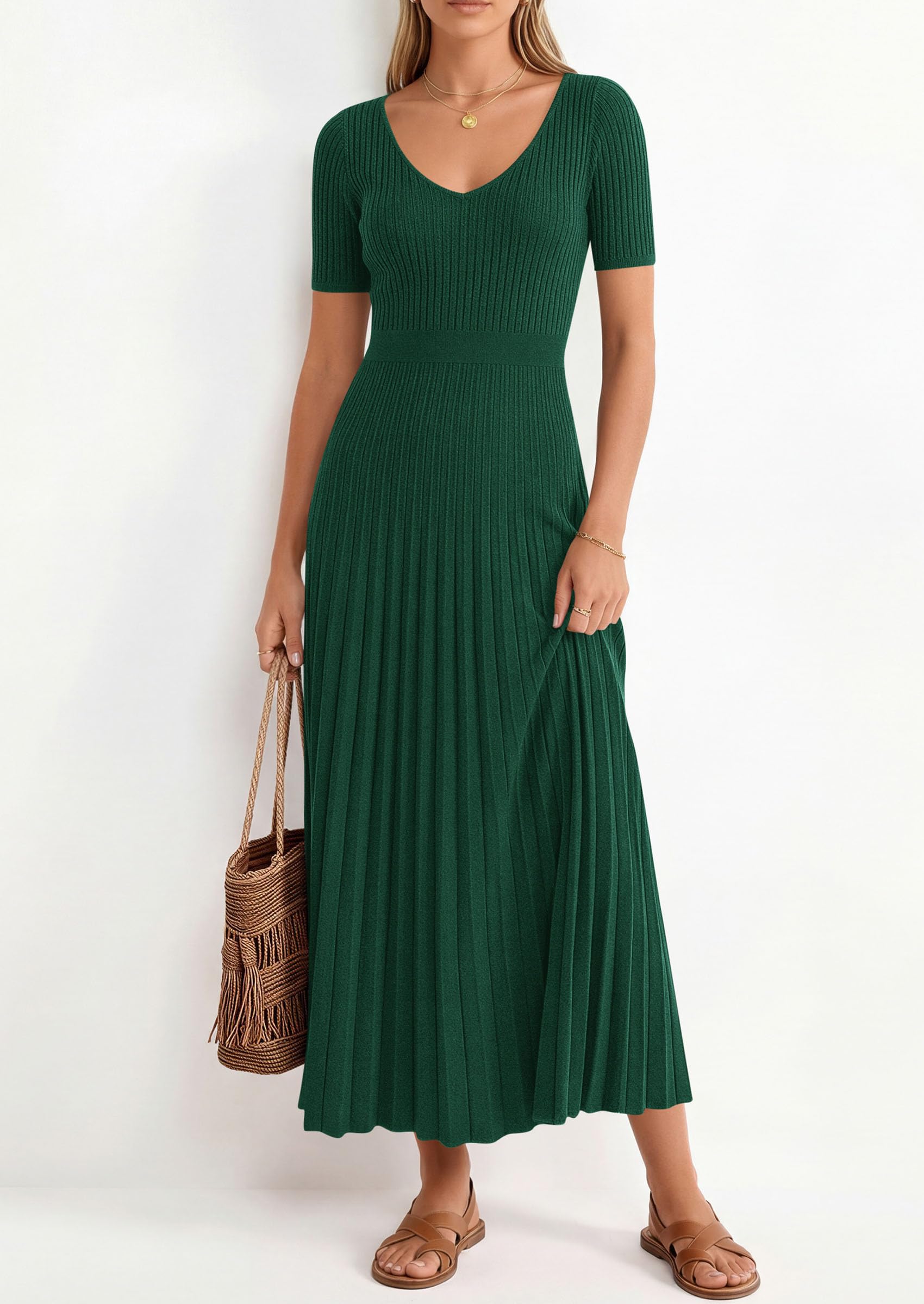 PRETTYGARDEN Women's Spring Midi Sweater Dresses Elegant Pleated Ribbed Knit Short Sleeve V Neck A Line Summer Outfits PRETTYGARDEN