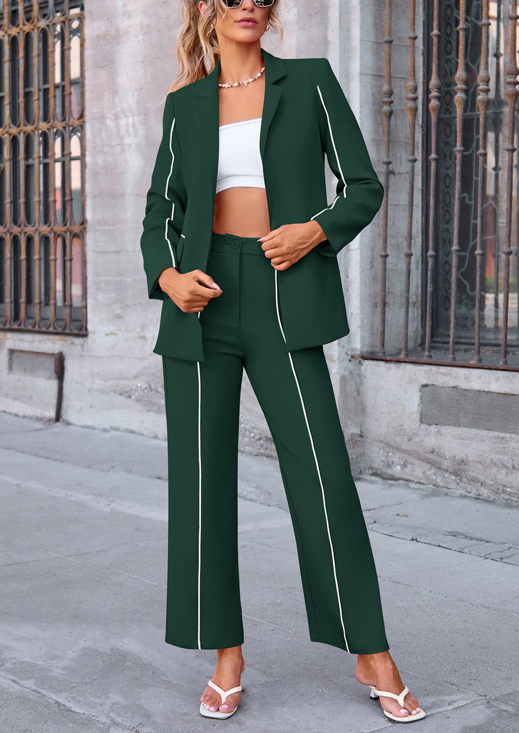 PRETTYGARDEN 2 Piece Blazer Outfits Business Casual Oversized Jacket Wide Leg Work Pants Dressy Suit Set