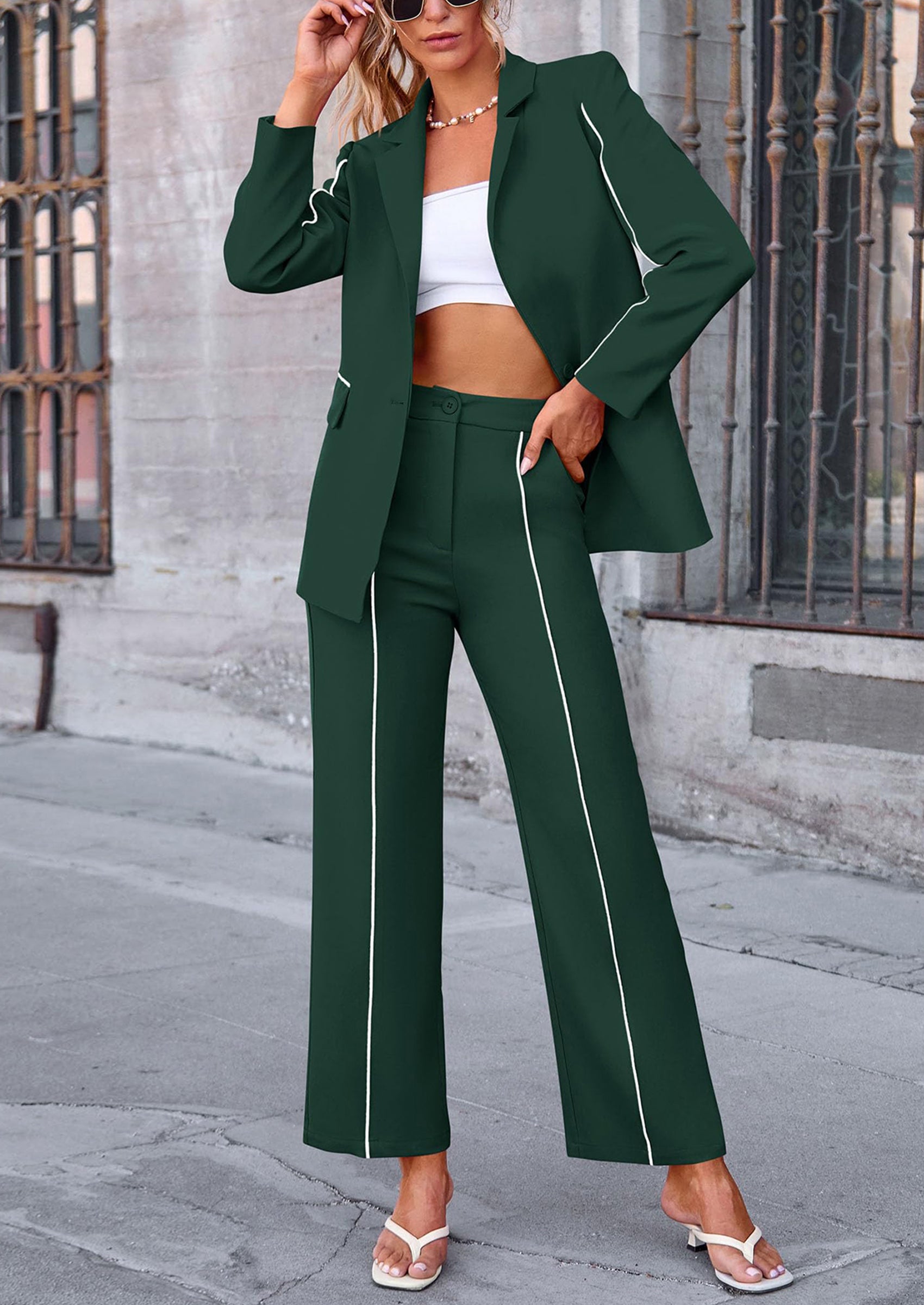 PRETTYGARDEN 2 Piece Blazer Outfits Business Casual Oversized Jacket Wide Leg Work Pants Dressy Suit Set