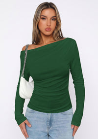 PRETTYGARDEN Off The Shoulder Tops for Women Going Out Long Sleeve Shirts Fall Casual Fitted Ribbed Ruched Y2K Clothes