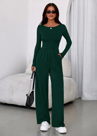 PRETTYGARDEN One Piece Jumpsuits for Women Dressy Casual Long Sleeve Crewneck Wide Leg Romper Overalls Spring Outfits