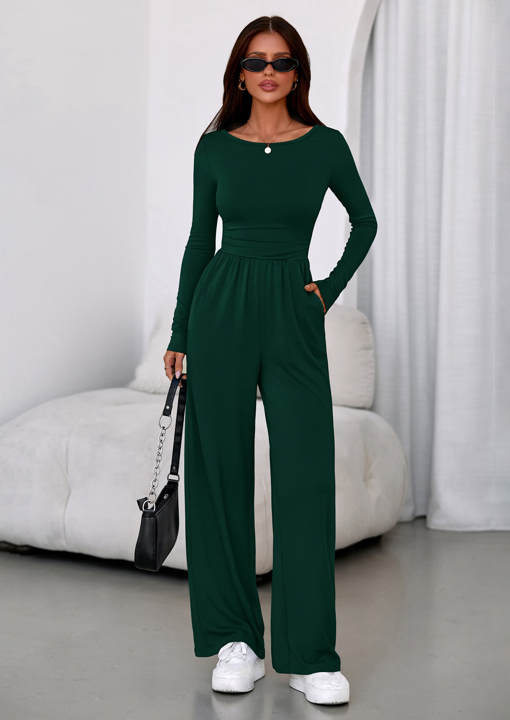 PRETTYGARDEN One Piece Jumpsuits for Women Dressy Casual Long Sleeve Crewneck Wide Leg Romper Overalls Spring Outfits