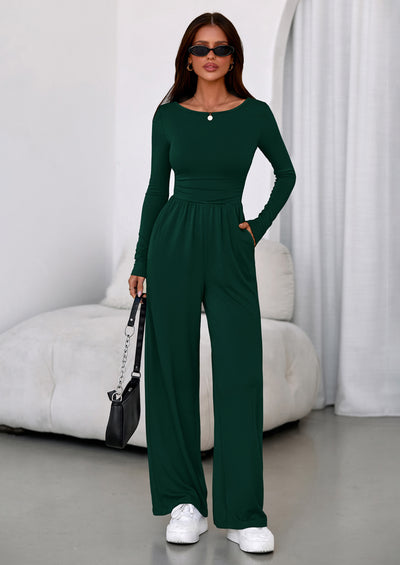 PRETTYGARDEN One Piece Jumpsuits for Women Dressy Casual Long Sleeve Crewneck Wide Leg Romper Overalls Spring Outfits