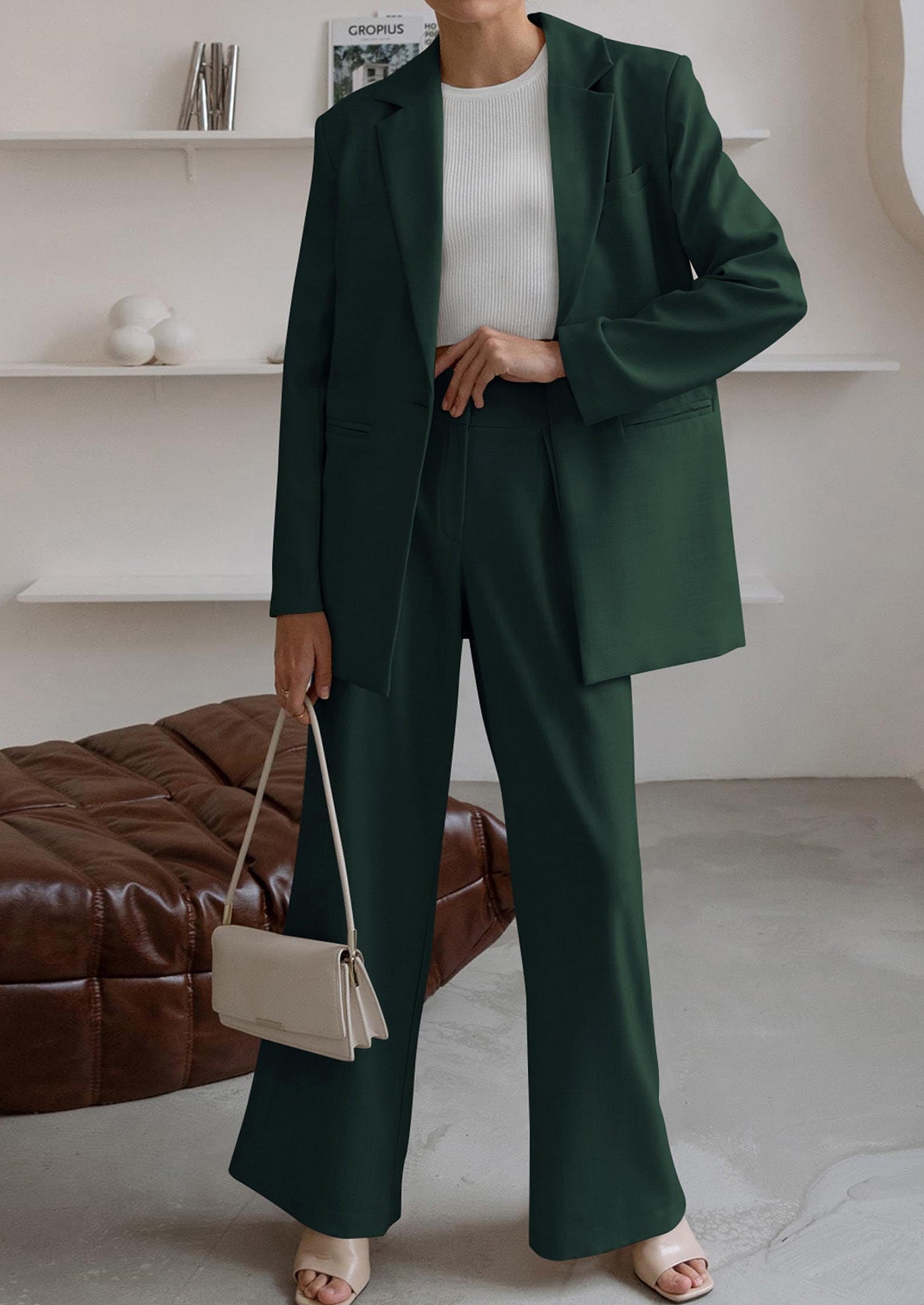 PRETTYGARDEN Women's Fall Two Piece Outfits Dressy Blazer Jacket and Wide Leg Pants Pockets Business Casual Office Suit Sets