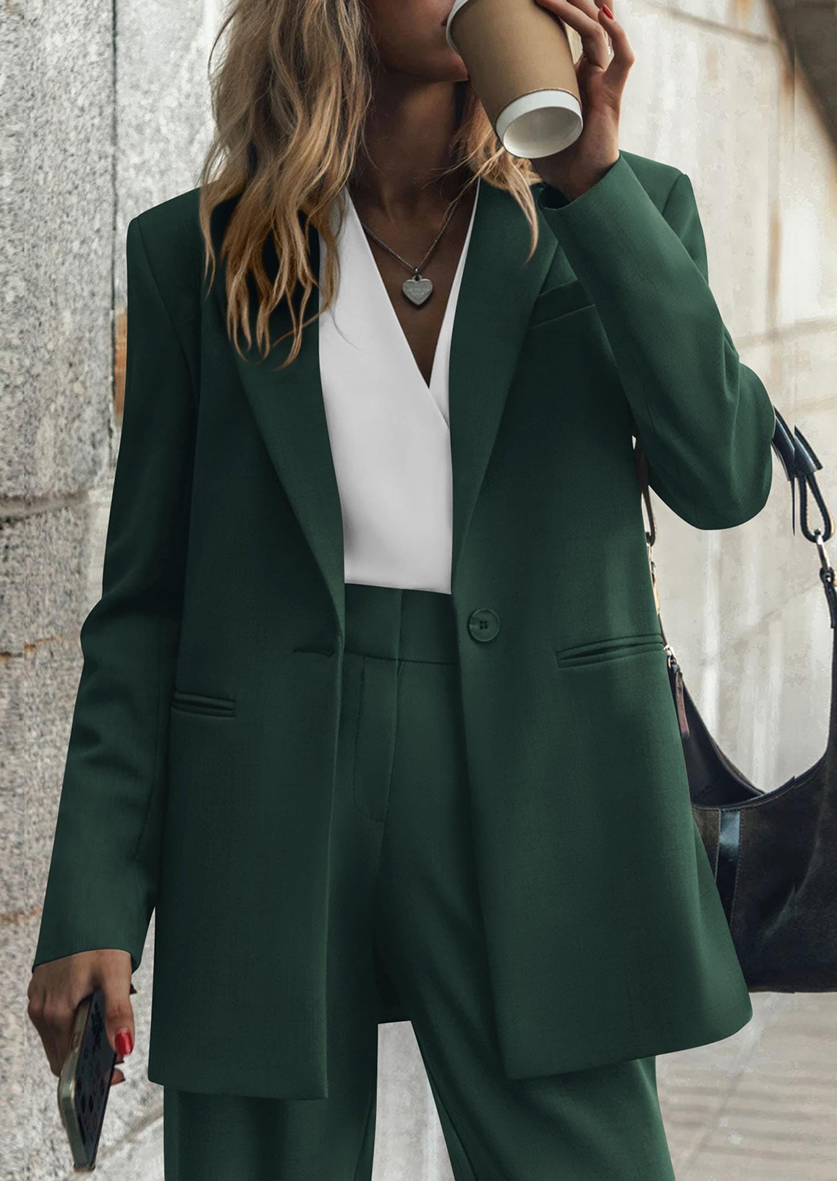 PRETTYGARDEN Women's Fall Two Piece Outfits Dressy Blazer Jacket and Wide Leg Pants Pockets Business Casual Office Suit Sets