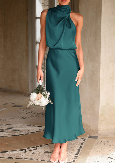 PRETTYGARDEN Women's Summer Satin Dress Elegant Sleeveless Mock Neck Cocktail Party Maxi Dresses