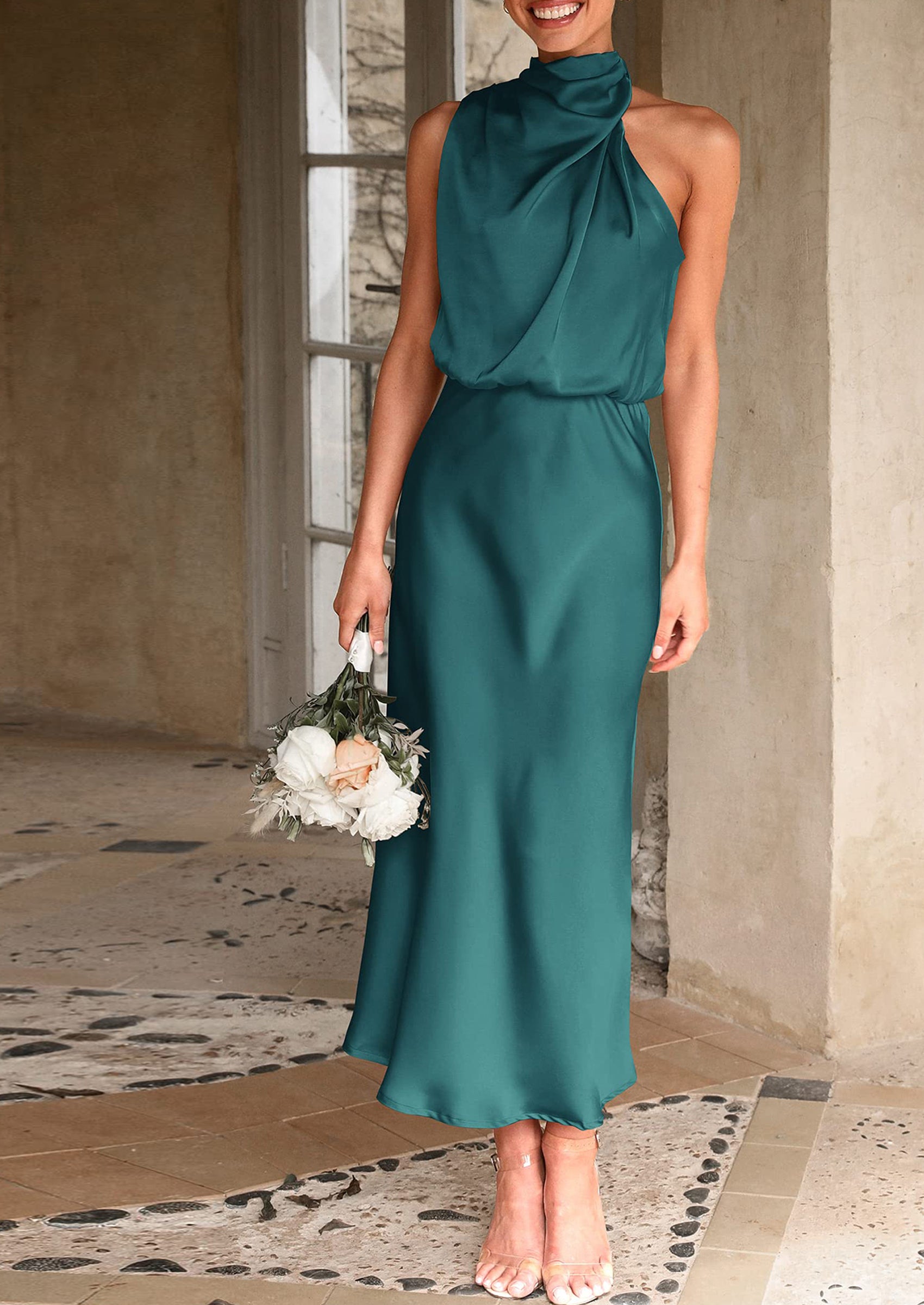 PRETTYGARDEN Women's Summer Satin Dress Elegant Sleeveless Mock Neck Cocktail Party Maxi Dresses