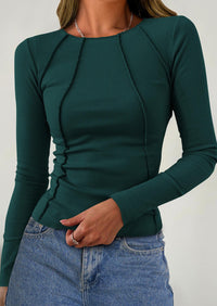 KIRUNDO Ribbed Long Sleeve Tops for Women Stretch Slim Basic Crop Tee Exposed Seams Spring Fall Fashion Trendy Tshirt