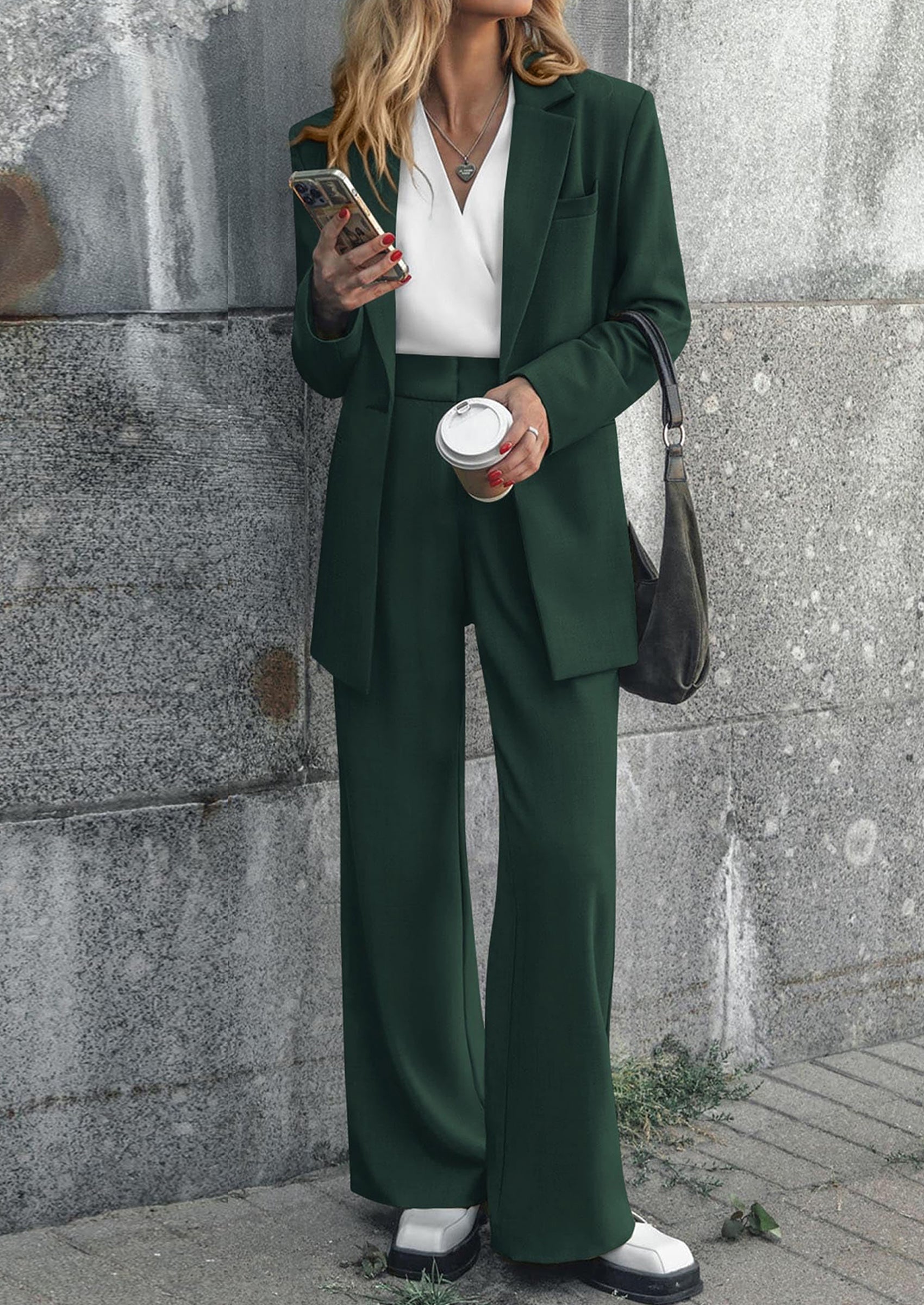 PRETTYGARDEN Women's Fall Two Piece Outfits Dressy Blazer Jacket and Wide Leg Pants Pockets Business Casual Office Suit Sets