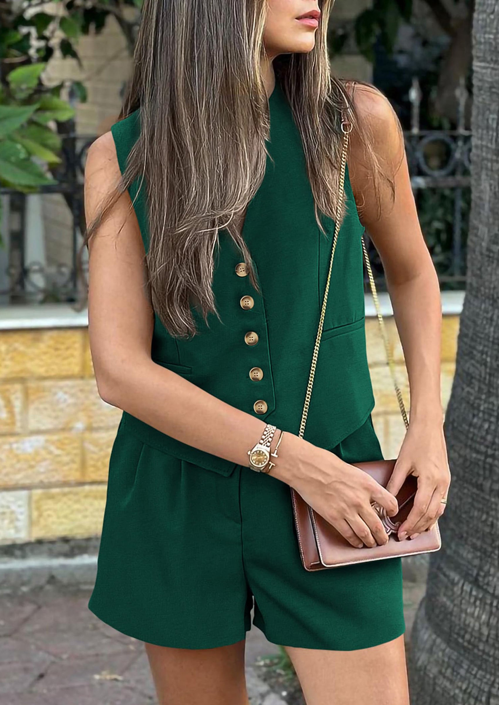 PRETTYGARDEN Women's Summer 2 Piece Outfits Sleeveless Matching Sets Button Down V Neck Vest Waistcoat and Pockets Shorts