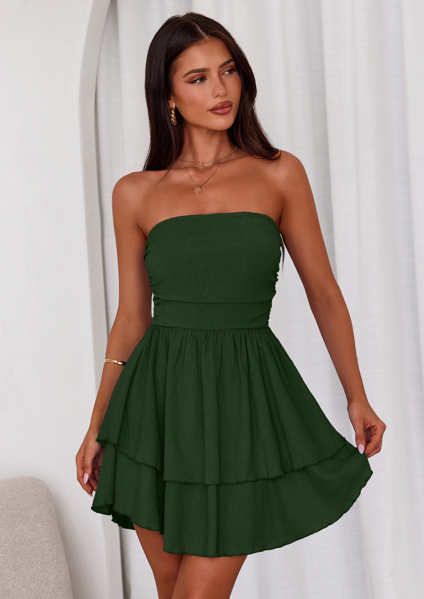 PRETTYGARDEN Women's Summer Strapless Tube Mini Dress Off Shoulder Smocked Ruffle A Line Flowy Short Party Club Dresses