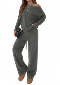 PRETTYGARDEN Lounge Sets Womens Two Piece Outfits  Cozy Boat Neck Long Sleeve , Wide Leg Pants with Drawstring, Casual Fall Fashion 2026 Airport & Travel, Knit Matching Set