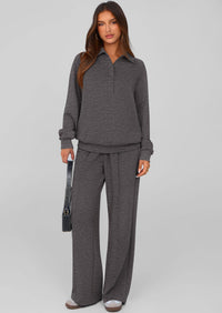 PRETTYGARDEN Women Fall 2 Piece Outfits Sweatsuits Quarter Button Long Sleeve Sweatshirt Wide Leg Pants Tracksuit Lounge Sets