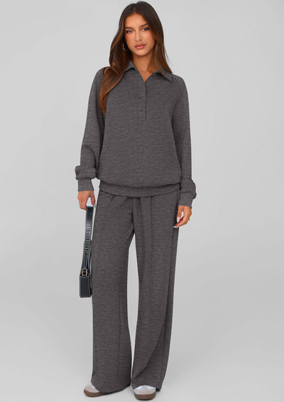 PRETTYGARDEN Women Fall 2 Piece Outfits Sweatsuits Quarter Button Long Sleeve Sweatshirt Wide Leg Pants Tracksuit Lounge Sets