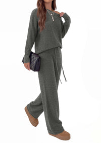 PRETTYGARDEN Lounge Sets Womens Two Piece Outfits  Cozy Boat Neck Long Sleeve , Wide Leg Pants with Drawstring, Casual Fall Fashion 2026 Airport & Travel, Knit Matching Set
