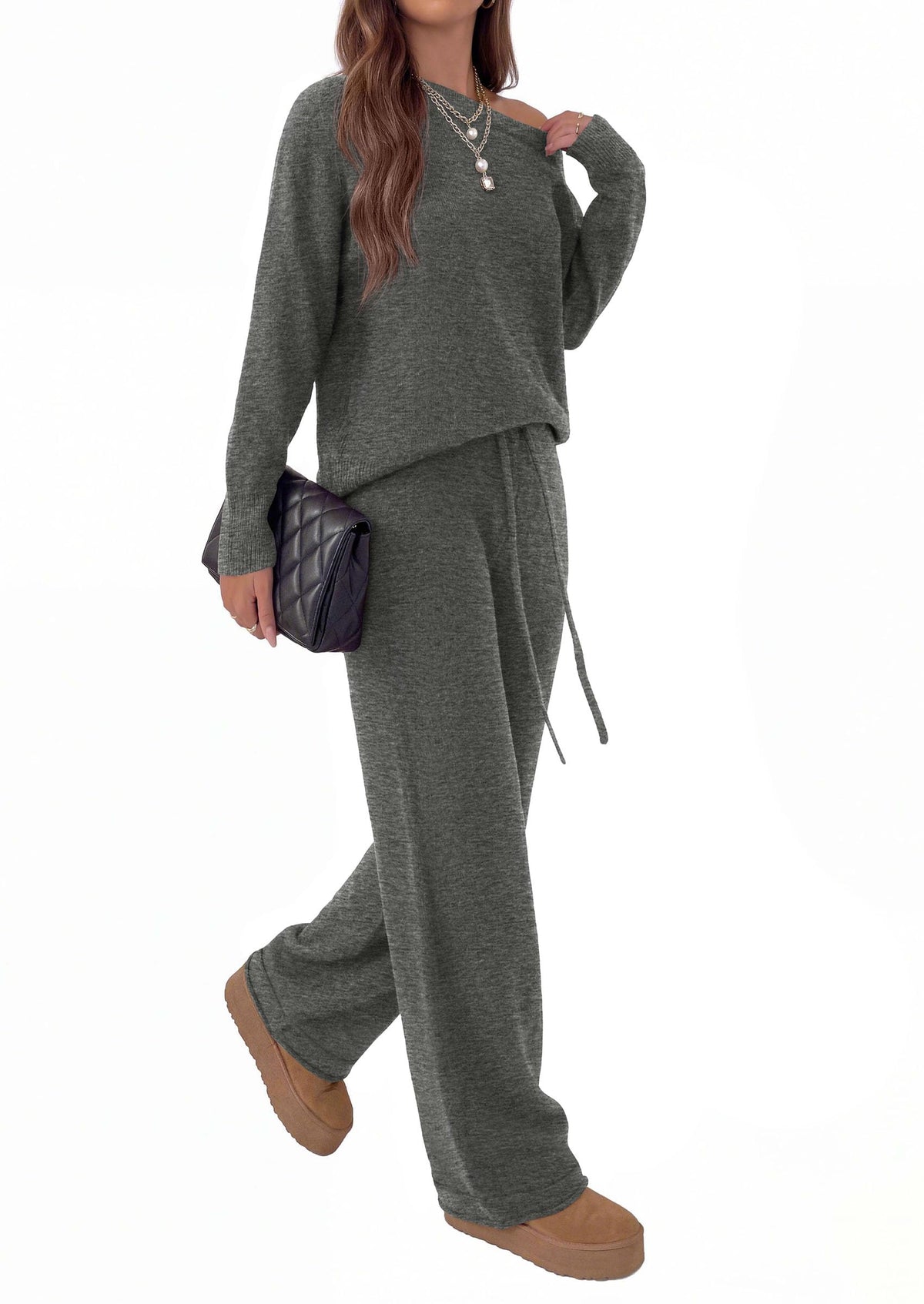PRETTYGARDEN Lounge Sets Womens Two Piece Outfits  Cozy Boat Neck Long Sleeve , Wide Leg Pants with Drawstring, Casual Fall Fashion 2026 Airport & Travel, Knit Matching Set